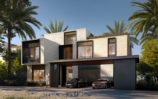 Scenic view of Dubai Hills Villas against a backdrop of modern architecture and lush landscaping