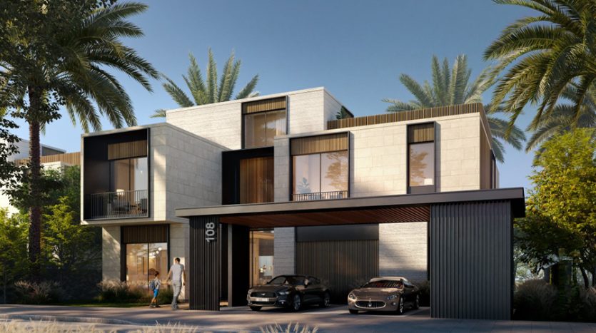 Scenic view of Dubai Hills Villas against a backdrop of modern architecture and lush landscaping